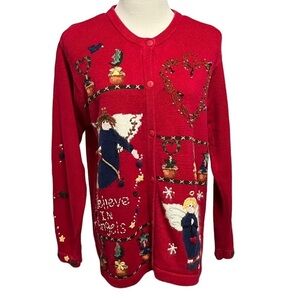 The Quacker Factory Vintage Red Angel Christmas Cardigan Size Medium